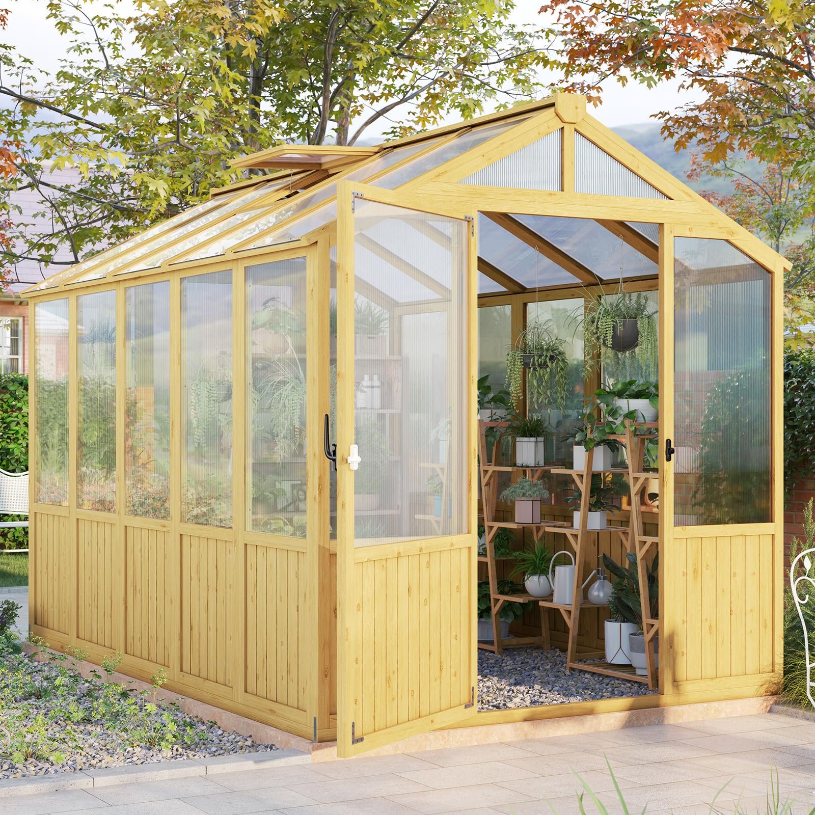 Jocisland 6x8 Ft Wooden Garden Greenhouse, Pre-Assembled Solid Cedar Frame, Walk-in